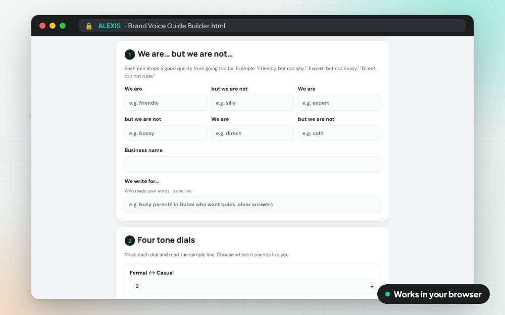 Brand Voice Guide Builder: The small app on screen: you fill it in, it does the sums and keeps your answers.