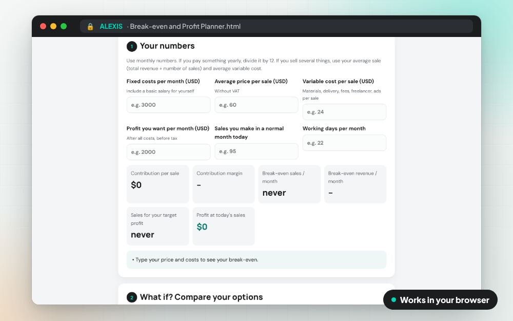 Break-even and Profit Planner: The small app on screen: you fill it in, it does the sums and keeps your answers.