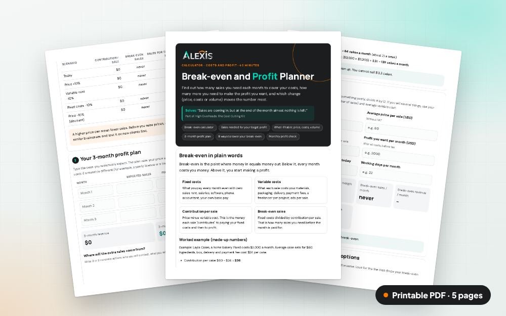Break-even and Profit Planner: The printable PDF: the same content to print, save or share.
