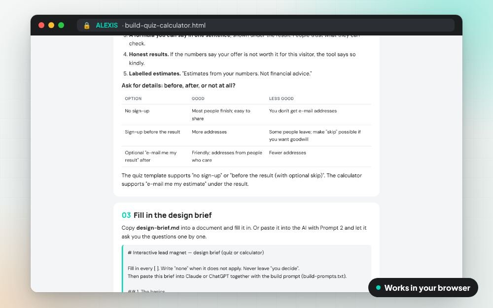 Build a Quiz or Calculator with AI: The templates on screen: you fill it in, it does the sums and keeps your answers.