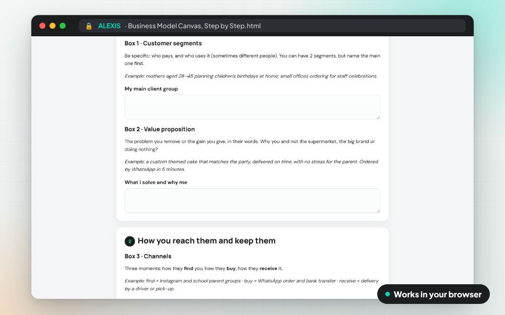 Business Model Canvas, Step by Step: The workbook on screen: you fill it in, it does the sums and keeps your answers.