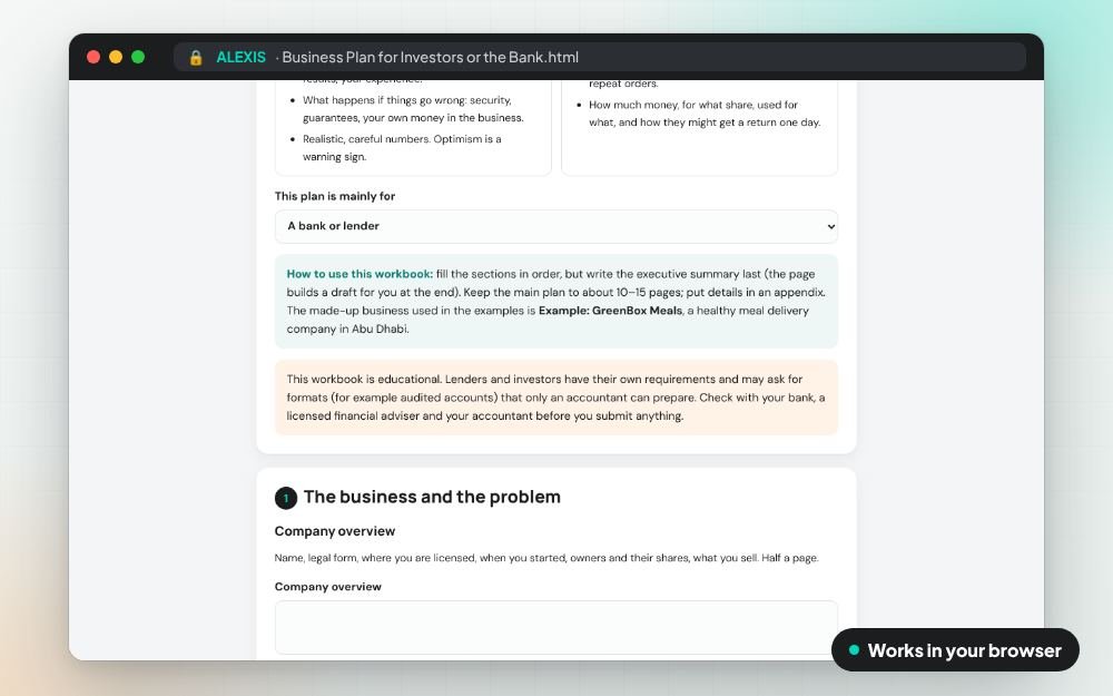 Business Plan for Investors or the Bank: The workbook on screen: you fill it in, it does the sums and keeps your answers.