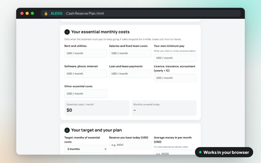 Cash Reserve Plan: The small app on screen: you fill it in, it does the sums and keeps your answers.