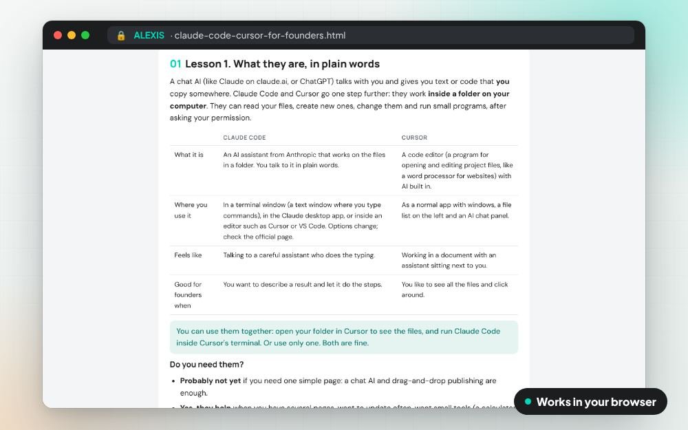 Claude Code and Cursor for Founders: The workbook on screen: you fill it in, it does the sums and keeps your answers.