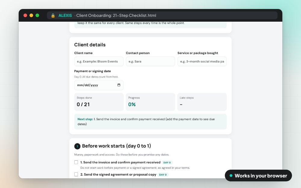 Client Onboarding: 21-Step Checklist: The checklist on screen: you fill it in, it does the sums and keeps your answers.