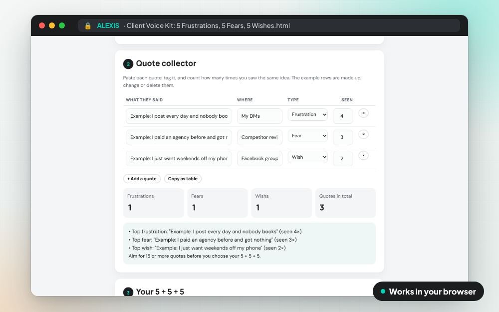 Client Voice Kit: 5 Frustrations, 5 Fears, 5 Wishes: The workbook on screen: you fill it in, it does the sums and keeps your answers.