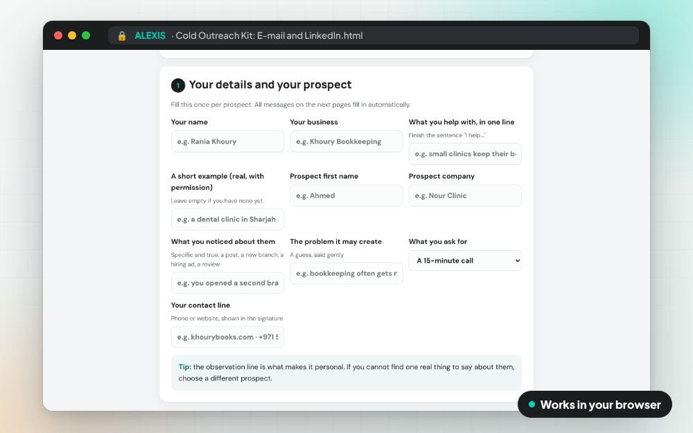 Cold Outreach Kit: E-mail and LinkedIn: The scripts on screen: you fill it in, it does the sums and keeps your answers.