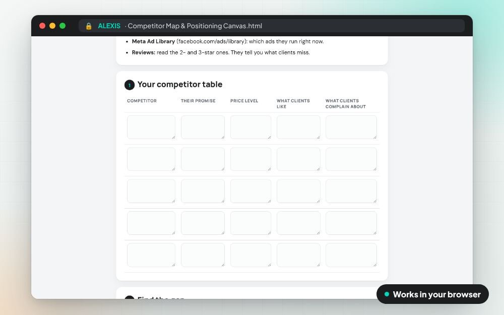 Competitor Map & Positioning Canvas: The workbook on screen: you fill it in, it does the sums and keeps your answers.
