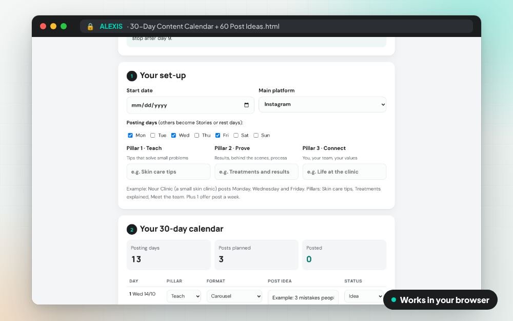 30-Day Content Calendar + 60 Post Ideas: The small app on screen: you fill it in, it does the sums and keeps your answers.