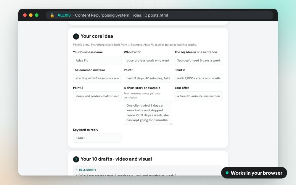 Content Repurposing System: 1 idea, 10 posts: The small app on screen: you fill it in, it does the sums and keeps your answers.