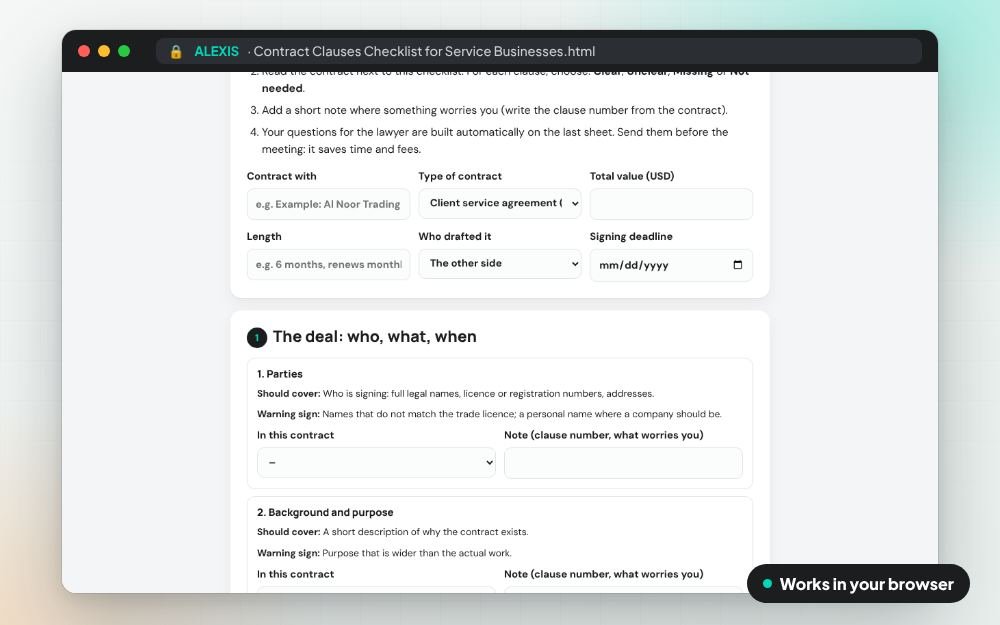 Contract Clauses Checklist for Service Businesses: The checklist on screen: you fill it in, it does the sums and keeps your answers.