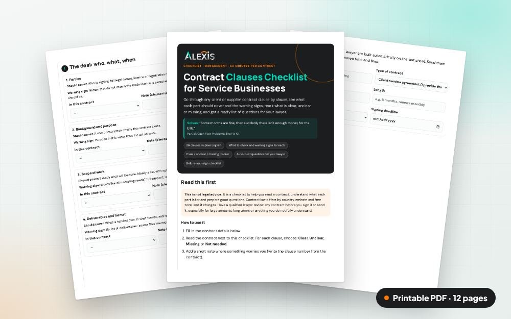 Contract Clauses Checklist for Service Businesses: The printable PDF: the same content to print, save or share.