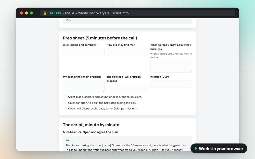 The 30-Minute Discovery Call Script: The scripts on screen: you fill it in, it does the sums and keeps your answers.