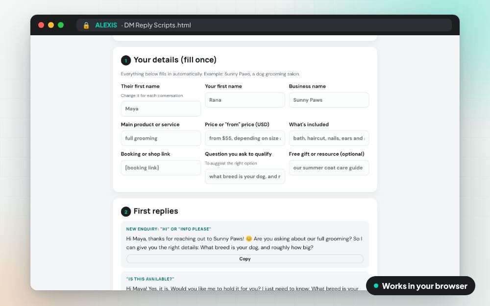 DM Reply Scripts: The scripts on screen: you fill it in, it does the sums and keeps your answers.