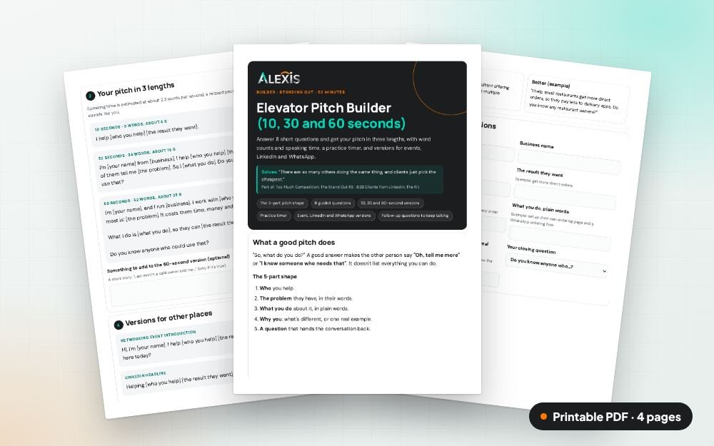 Elevator Pitch Builder (10, 30 and 60 seconds): The printable PDF: the same content to print, save or share.