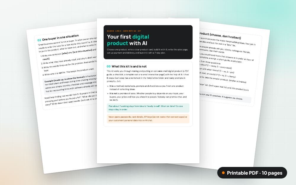 Your First Digital Product with AI: The printable PDF: the same content to print, save or share.