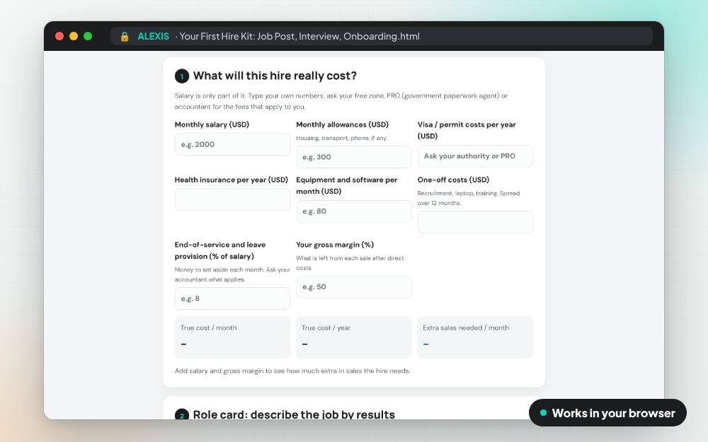 Your First Hire Kit: Job Post, Interview, Onboarding: The workbook on screen: you fill it in, it does the sums and keeps your answers.
