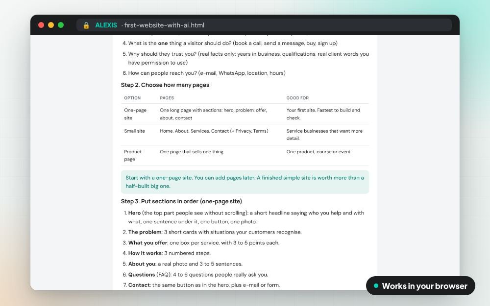 Your First Website with AI: The guide on screen: you fill it in, it does the sums and keeps your answers.