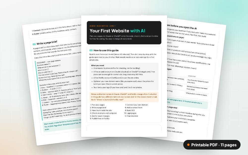 Your First Website with AI: The printable PDF: the same content to print, save or share.