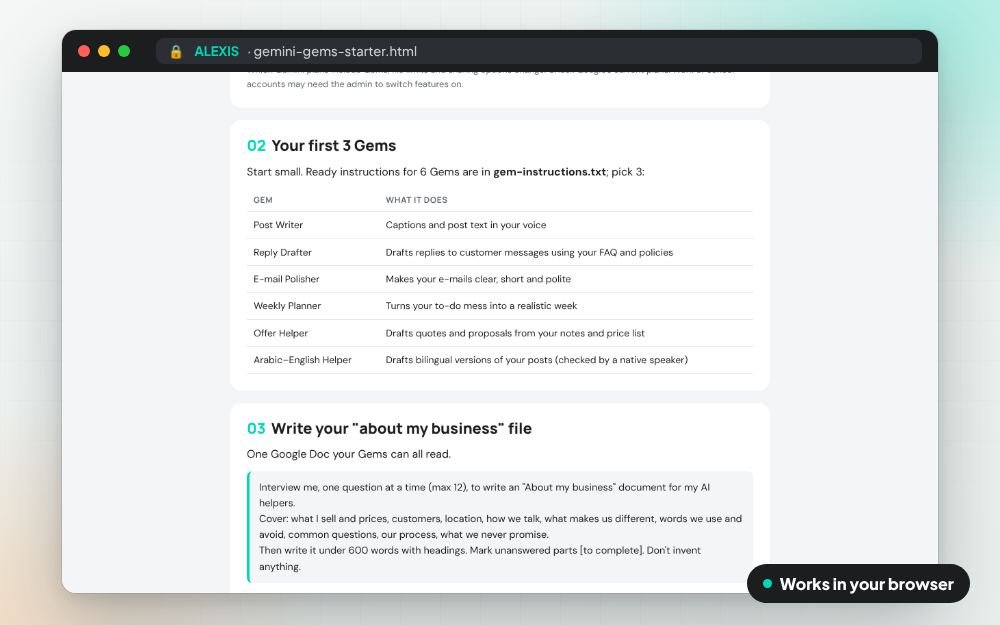 Gemini Gems Starter: The guide on screen: you fill it in, it does the sums and keeps your answers.