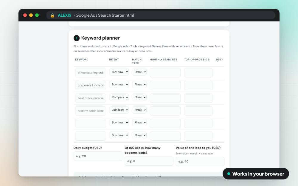 Google Ads Search Starter: The workbook on screen: you fill it in, it does the sums and keeps your answers.