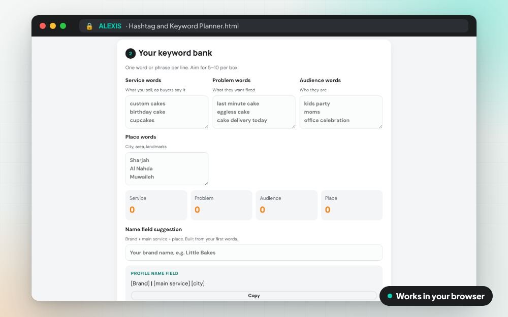 Hashtag and Keyword Planner: The small app on screen: you fill it in, it does the sums and keeps your answers.