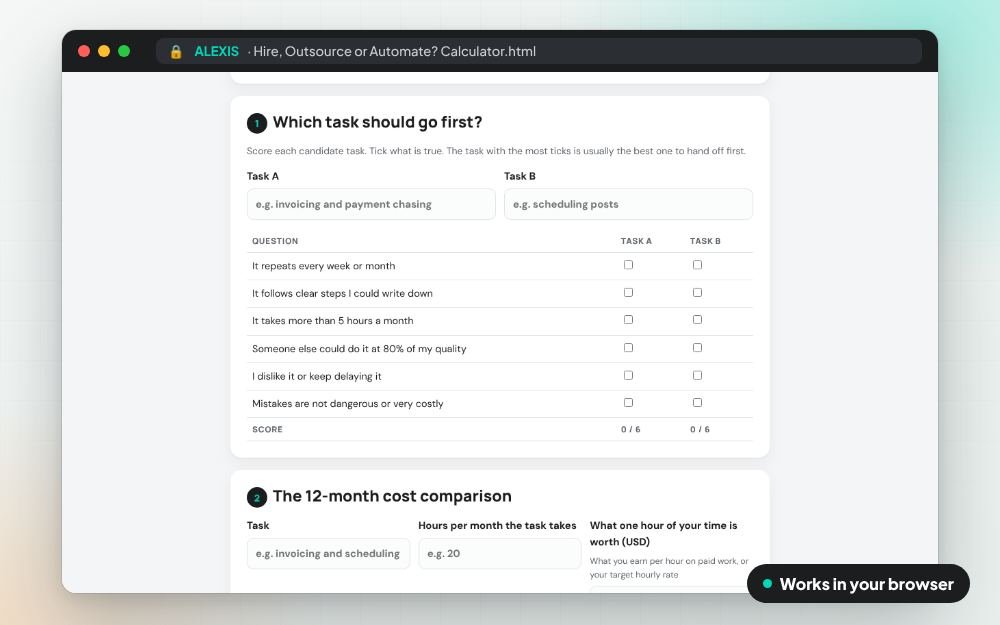 Hire, Outsource or Automate? Calculator: The small app on screen: you fill it in, it does the sums and keeps your answers.