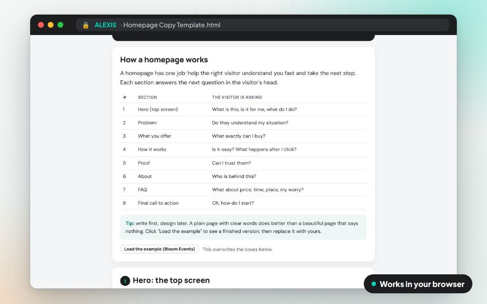 Homepage Copy Template: The small app on screen: you fill it in, it does the sums and keeps your answers.