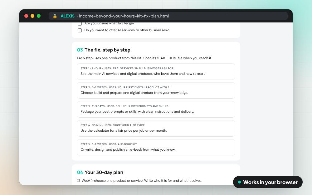 Income Beyond Your Hours Kit: The fix kit on screen: you fill it in, it does the sums and keeps your answers.