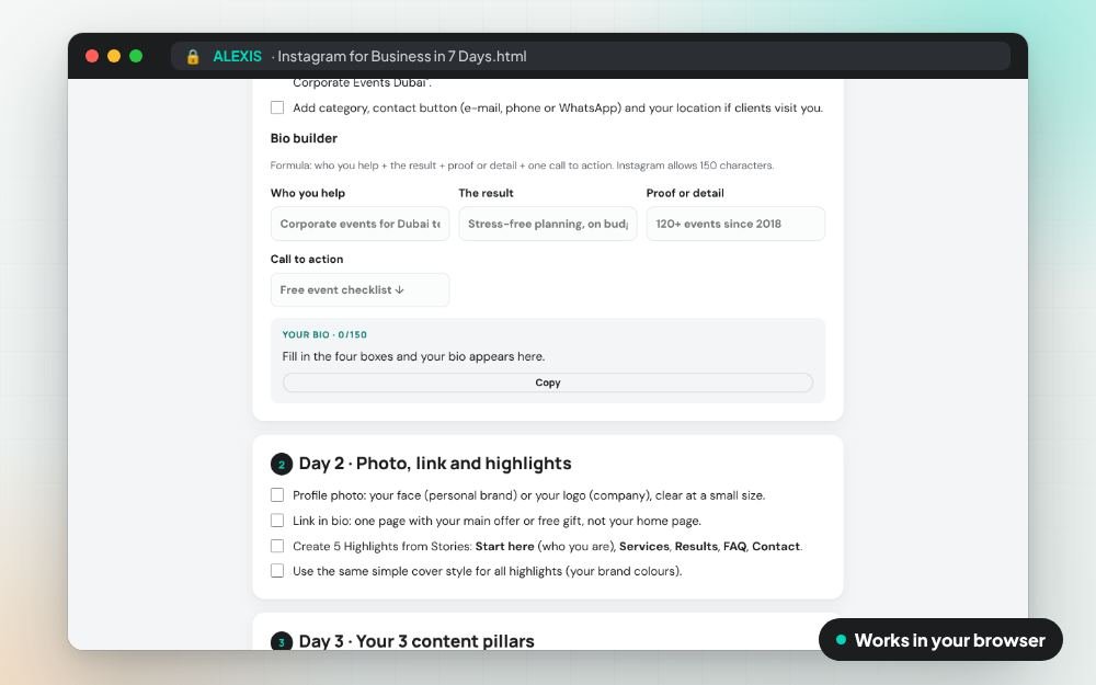 Instagram for Business in 7 Days: The workbook on screen: you fill it in, it does the sums and keeps your answers.