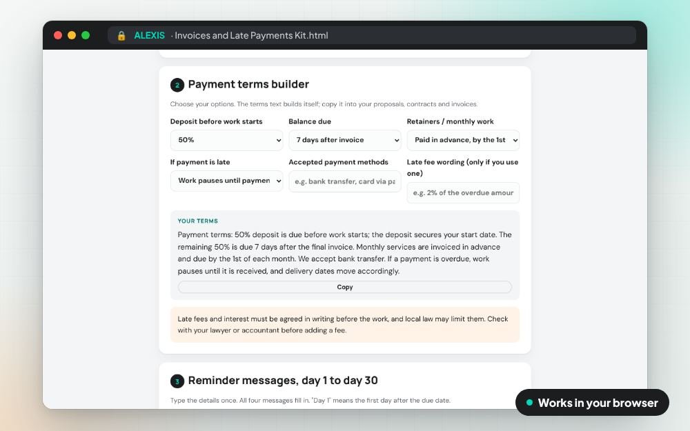 Invoices and Late Payments Kit: The checklist on screen: you fill it in, it does the sums and keeps your answers.
