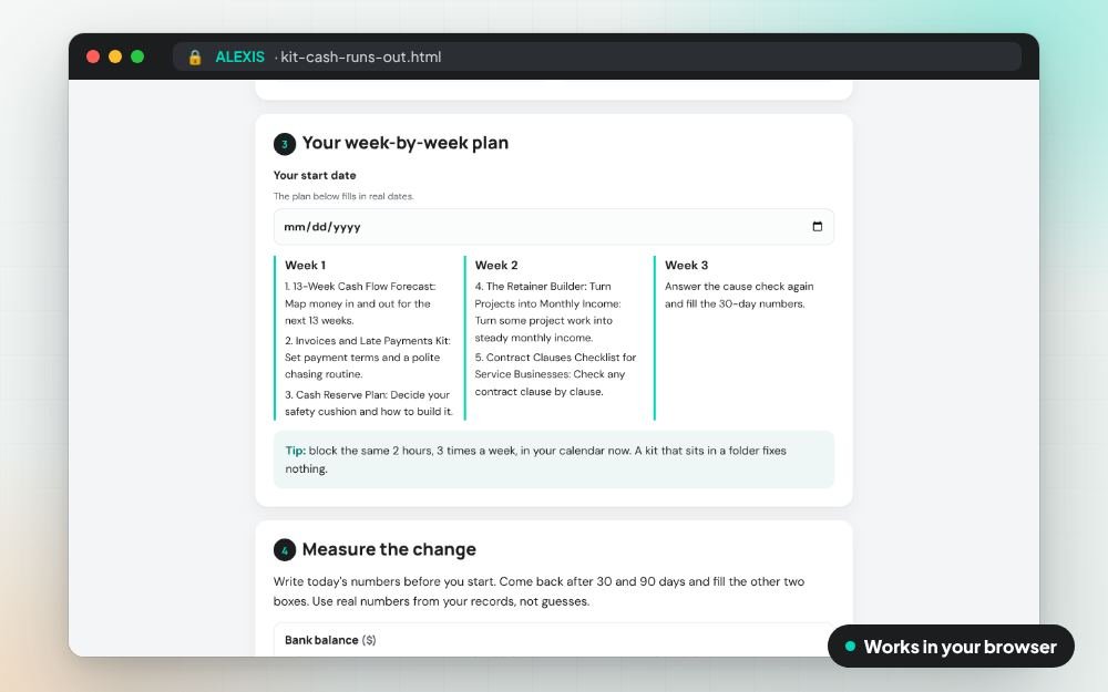 Cash Flow Problems: The Fix Kit: The fix kit on screen: you fill it in, it does the sums and keeps your answers.