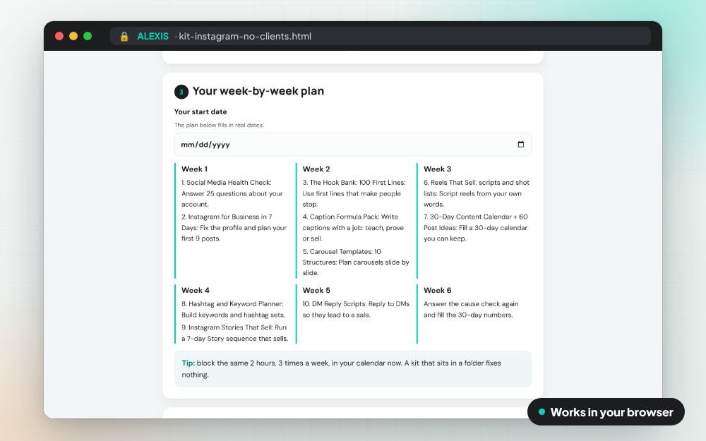 Instagram Without Clients: The Fix Kit: The fix kit on screen: you fill it in, it does the sums and keeps your answers.