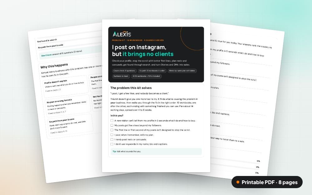 Instagram Without Clients: The Fix Kit: The printable PDF: the same content to print, save or share.