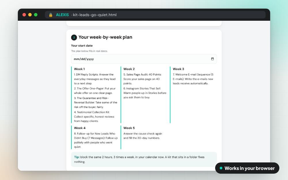 Leads Who Go Quiet: The Fix Kit: The fix kit on screen: you fill it in, it does the sums and keeps your answers.