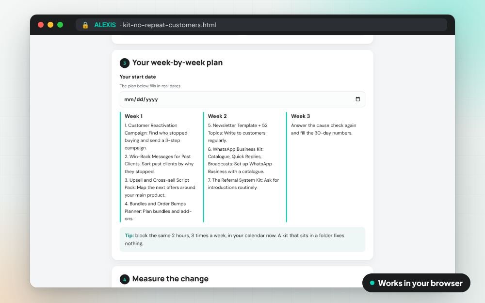Customers Who Don't Come Back: The Repeat Sales Kit: The fix kit on screen: you fill it in, it does the sums and keeps your answers.