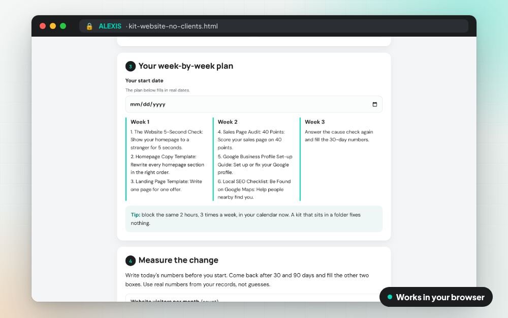 Website That Doesn't Sell: The Fix Kit: The fix kit on screen: you fill it in, it does the sums and keeps your answers.