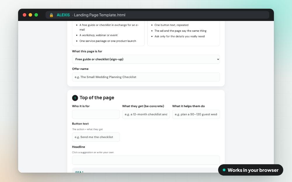 Landing Page Template: The small app on screen: you fill it in, it does the sums and keeps your answers.