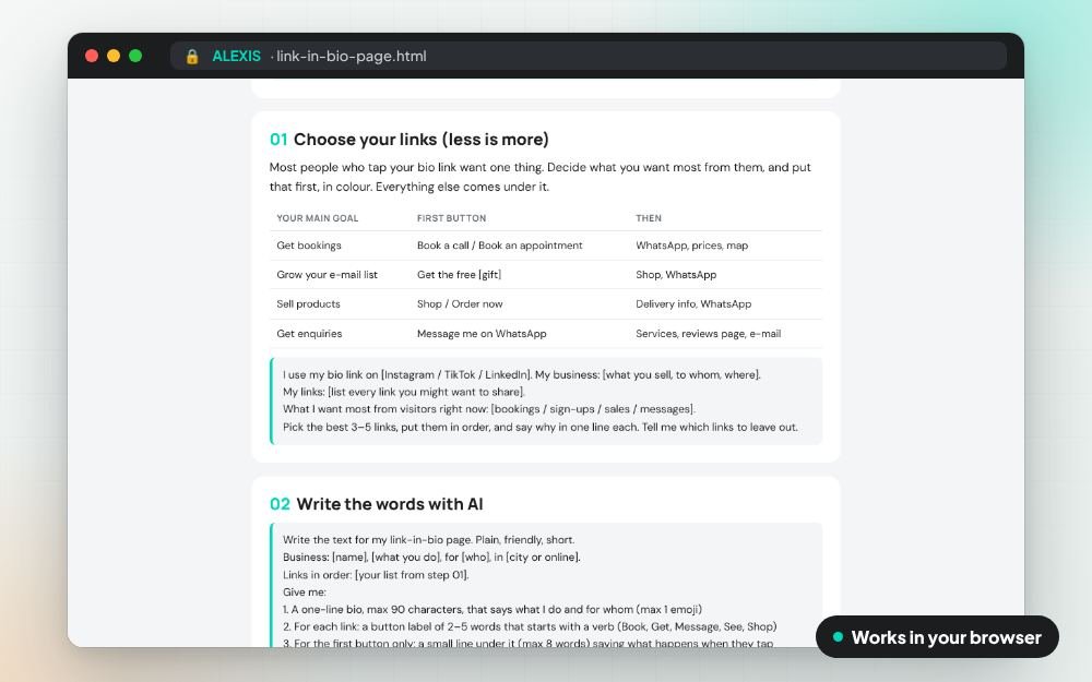 Link-in-Bio Page with AI: The templates on screen: you fill it in, it does the sums and keeps your answers.