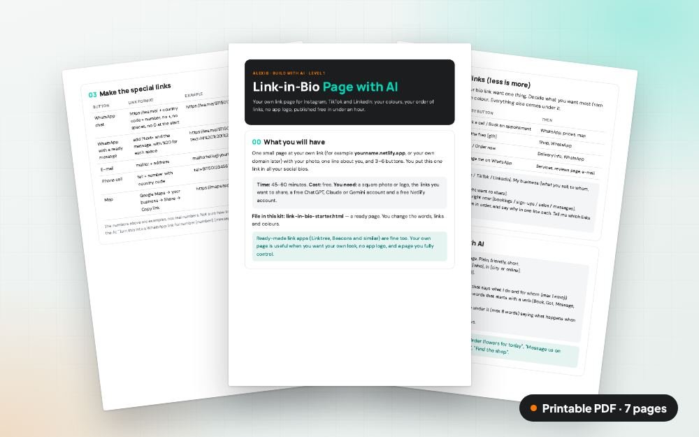 Link-in-Bio Page with AI: The printable PDF: the same content to print, save or share.