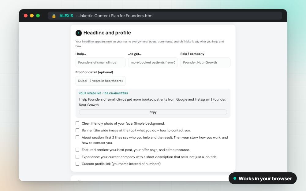 LinkedIn Content Plan for Founders: The workbook on screen: you fill it in, it does the sums and keeps your answers.
