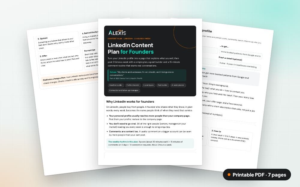 LinkedIn Content Plan for Founders: The printable PDF: the same content to print, save or share.