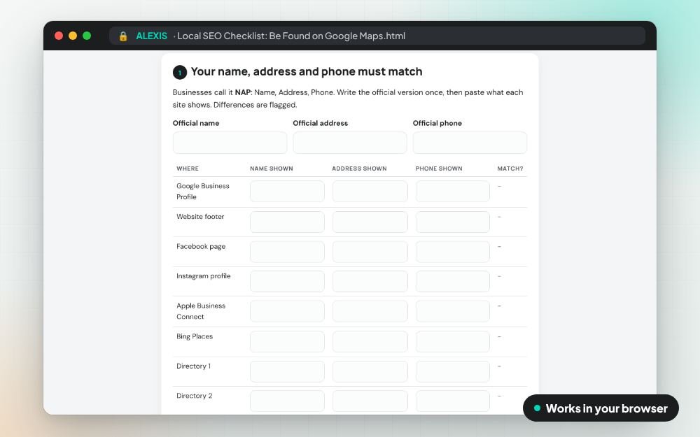 Local SEO Checklist: Be Found on Google Maps: The checklist on screen: you fill it in, it does the sums and keeps your answers.
