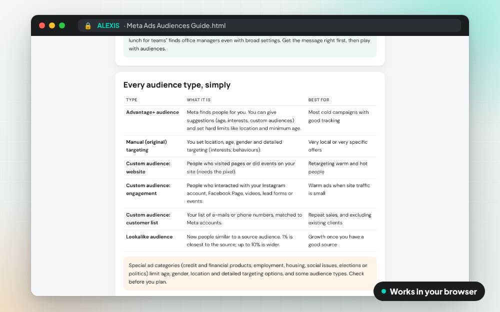 Meta Ads Audiences Guide: The workbook on screen: you fill it in, it does the sums and keeps your answers.