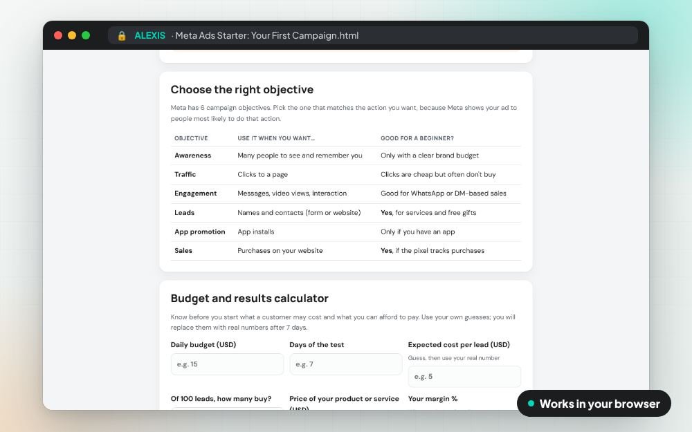 Meta Ads Starter: Your First Campaign: The workbook on screen: you fill it in, it does the sums and keeps your answers.