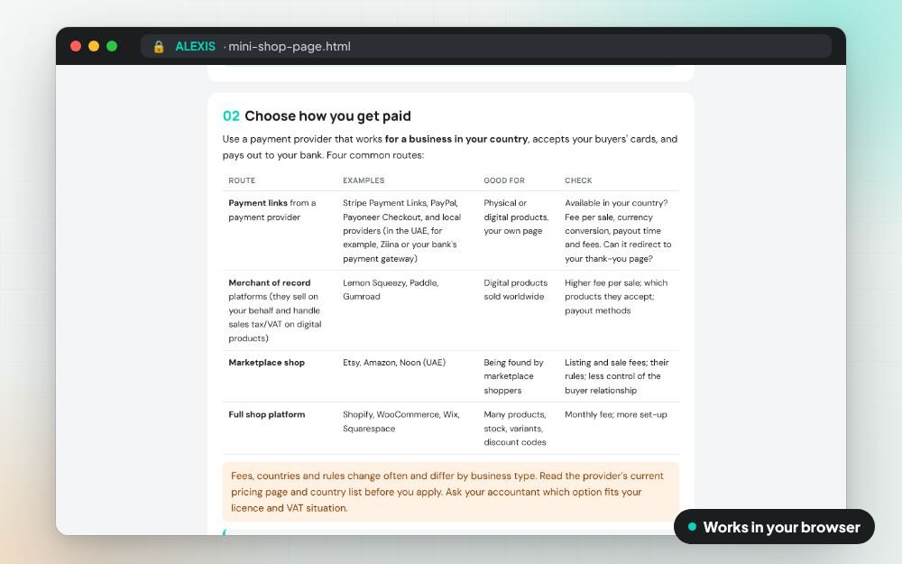 Mini Shop Page with AI: The templates on screen: you fill it in, it does the sums and keeps your answers.