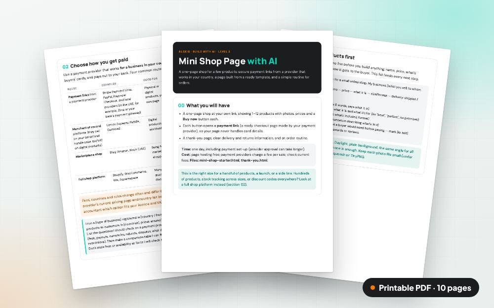 Mini Shop Page with AI: The printable PDF: the same content to print, save or share.