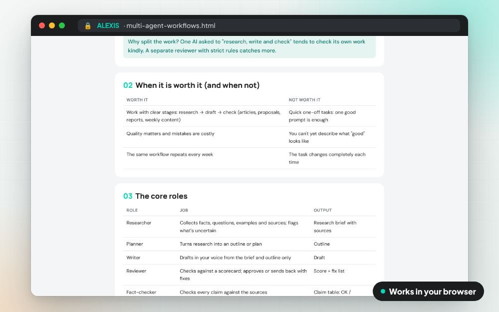 Multi-Agent Workflows: The prompt pack on screen: you fill it in, it does the sums and keeps your answers.
