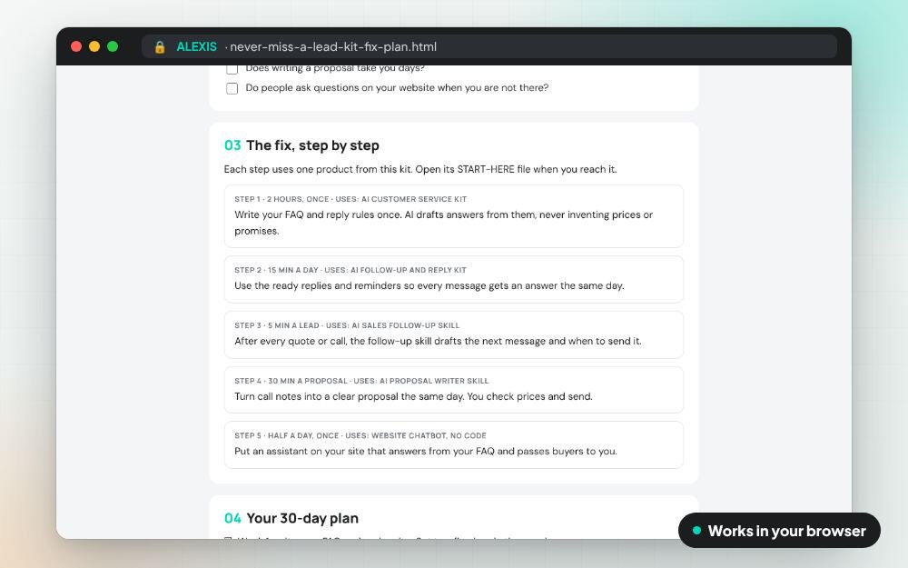 Never Miss a Lead Kit: The fix kit on screen: you fill it in, it does the sums and keeps your answers.