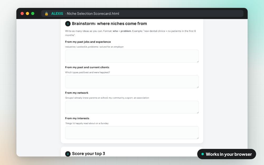Niche Selection Scorecard: The small app on screen: you fill it in, it does the sums and keeps your answers.